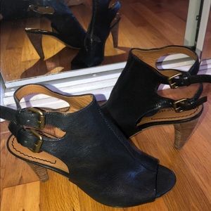 Black open-toed leather booties